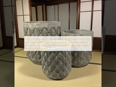 GRC gri yuvarlak elyaf çimento saksı, tekrarlayan palmiye yaprağı desenli, hafif, dayanıklı, az bakım gerektiren saksı, tatil villası, ofis dekorasyonu, çatı bahçeleri, peyzaj projesi